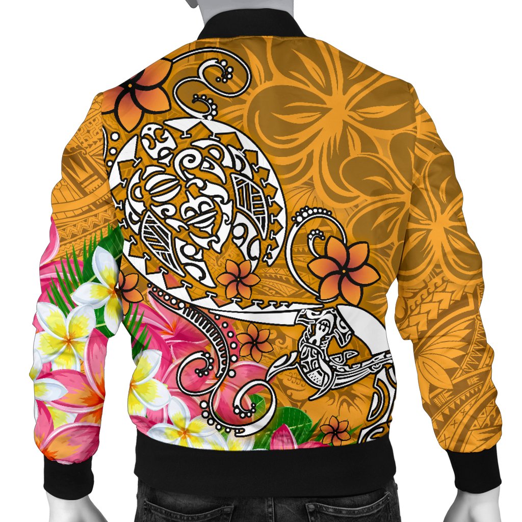 Polynesian Men's Bomber Jacket - Turtle Plumeria Gold Color - Polynesian Pride