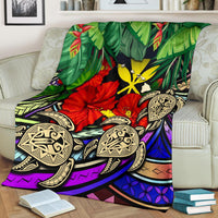 Kanaka Maoli (Hawaiian) Premium Blanket - Polynesian Turtle Colorful And Hibiscus - Polynesian Pride
