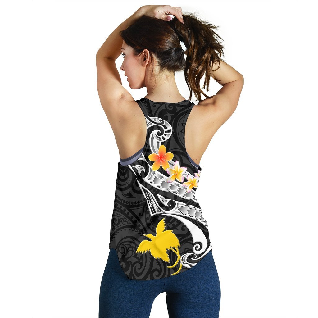 Papua New Guinea Women's Racerback Tank - PNG Seal Polynesian Patterns Plumeria (Black) - Polynesian Pride