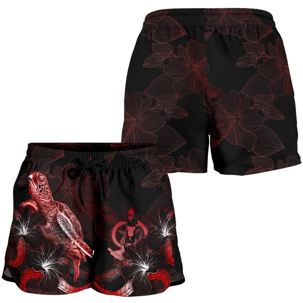 Vanuatu Polynesian Women's Shorts - Turtle With Blooming Hibiscus Red - Polynesian Pride