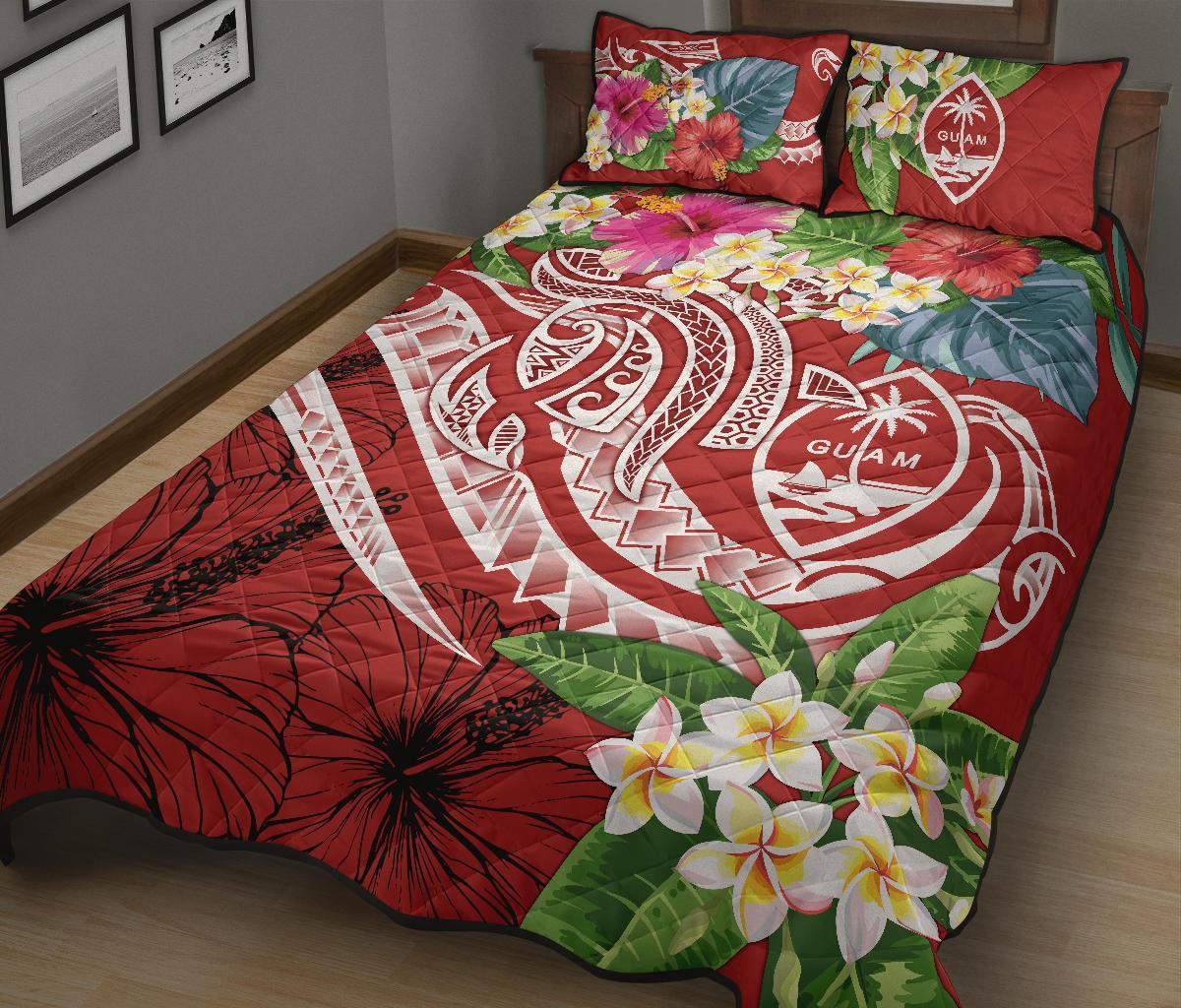 Guam Polynesian Quilt Bed Set - Summer Plumeria (Black) - Polynesian Pride