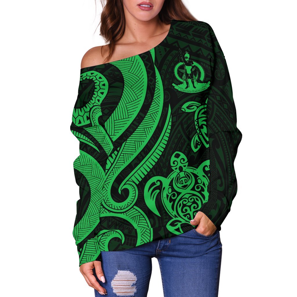 Vanuatu Women's Off Shoulder Sweater - Green Tentacle Turtle - Polynesian Pride