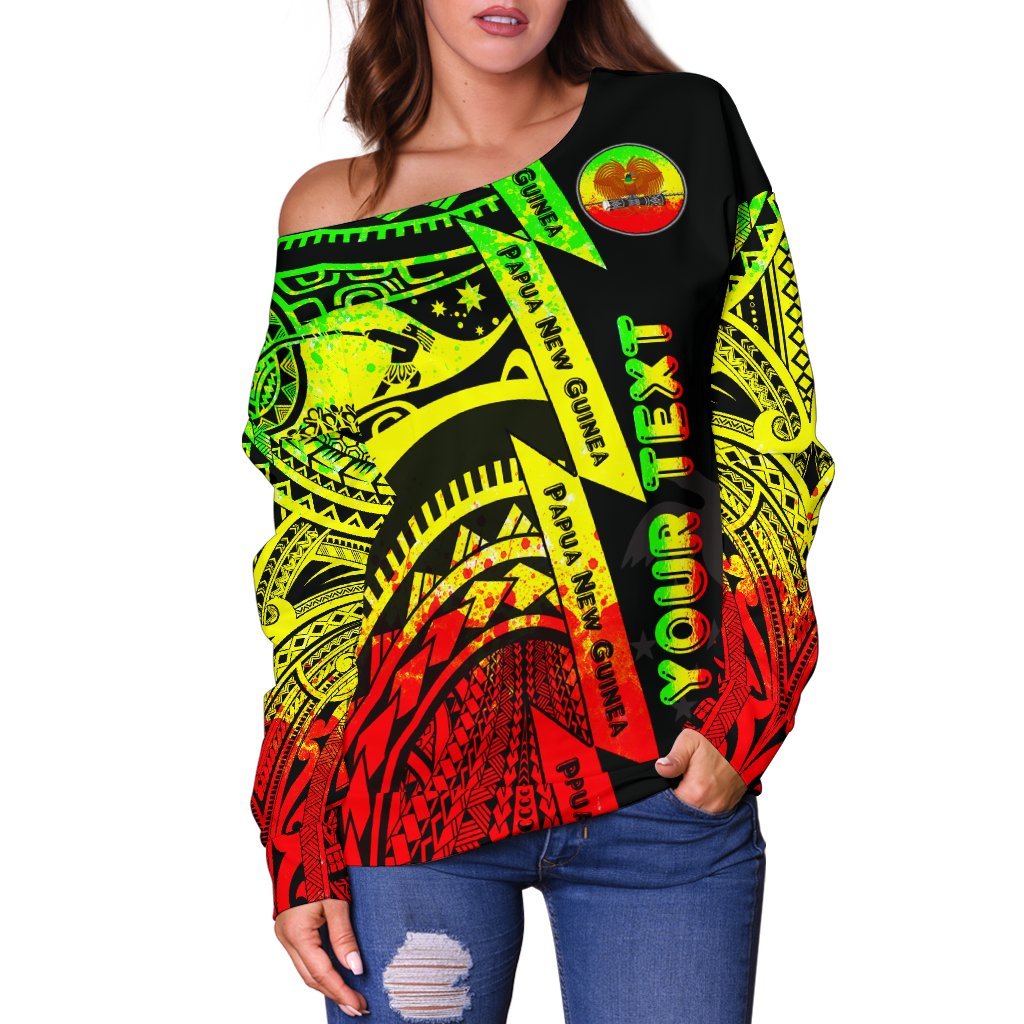 (Custom Personalised) Polynesian Guinea Women's Off Shoulder Sweaters - Moana Maui Tattoo With Coat Of Arm Guinea Reggae - Polynesian Pride