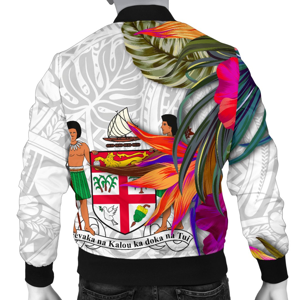 Fiji Polynesian Men's Bomber Jacket - Hibiscus White Pattern - Polynesian Pride
