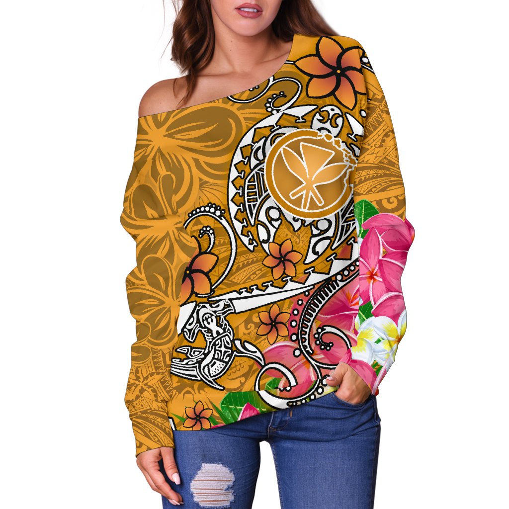 Hawaii Women's Off Shoulder Sweater - Turtle Plumeria Polynesian Tattoo Gold Color - Polynesian Pride