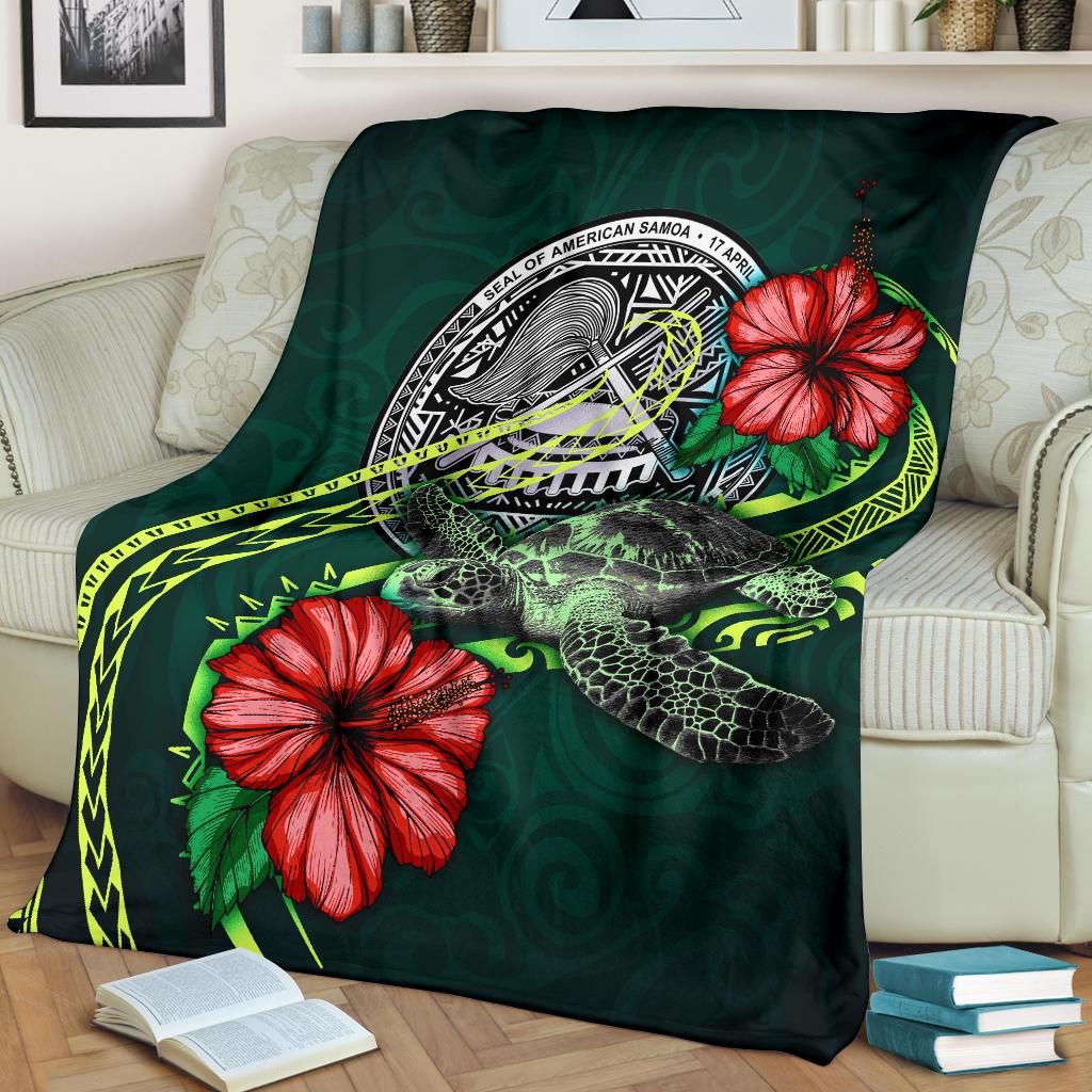 American Samoa Polynesian Premium Blanket - Green Turtle Hibiscus - Polynesian Pride
