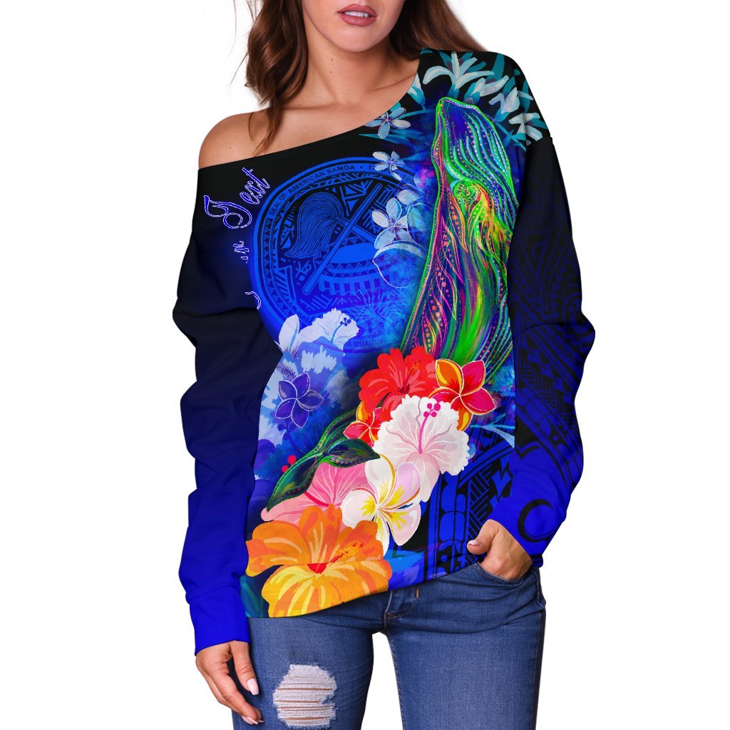 American Samoa Polynesian Custom Personalised Women's Off Shoulder Sweater - Humpback Whale with Tropical Flowers (Blue) - Polynesian Pride