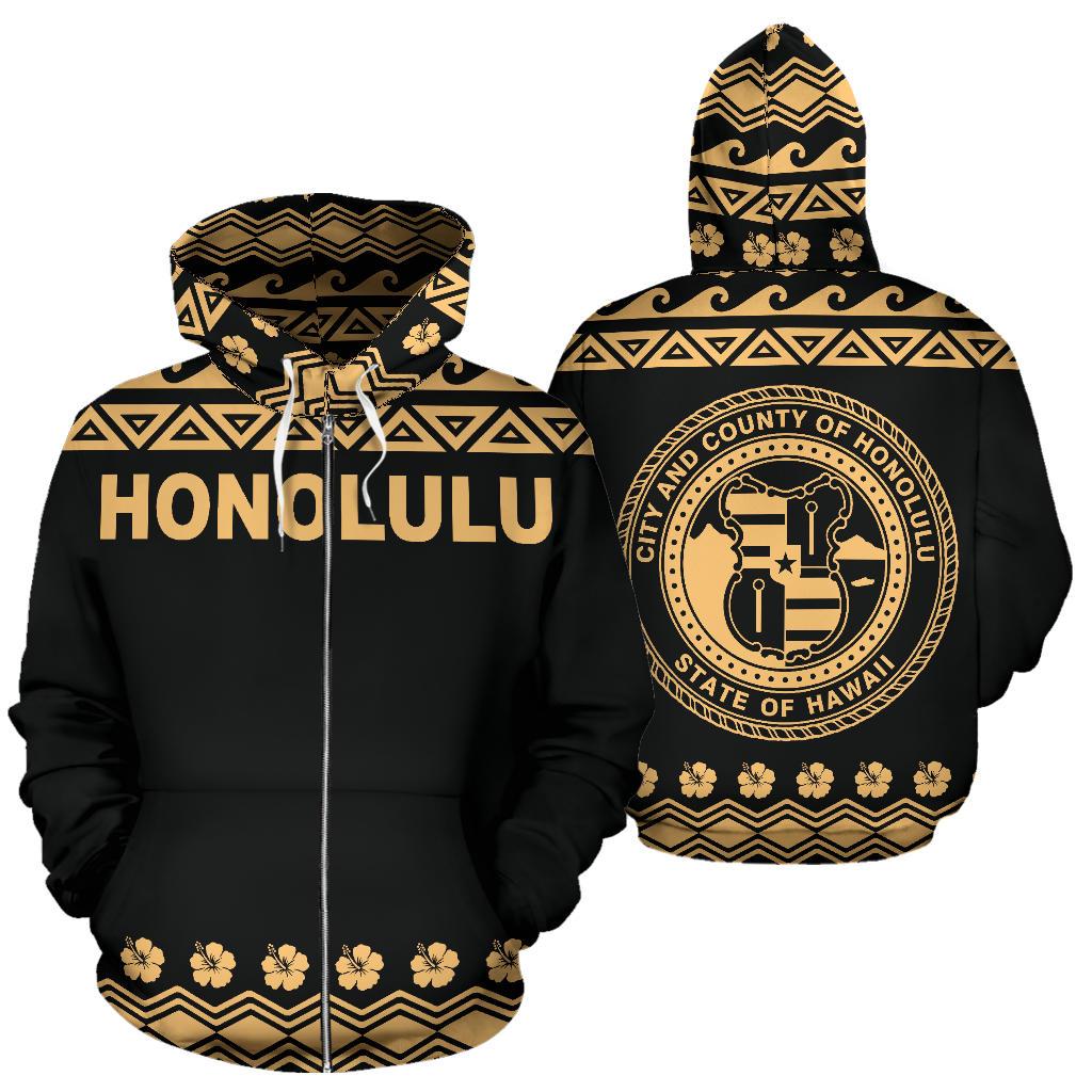 Honolulu All Over Zip up Hoodie Polynesian Design Unisex Black - Polynesian Pride