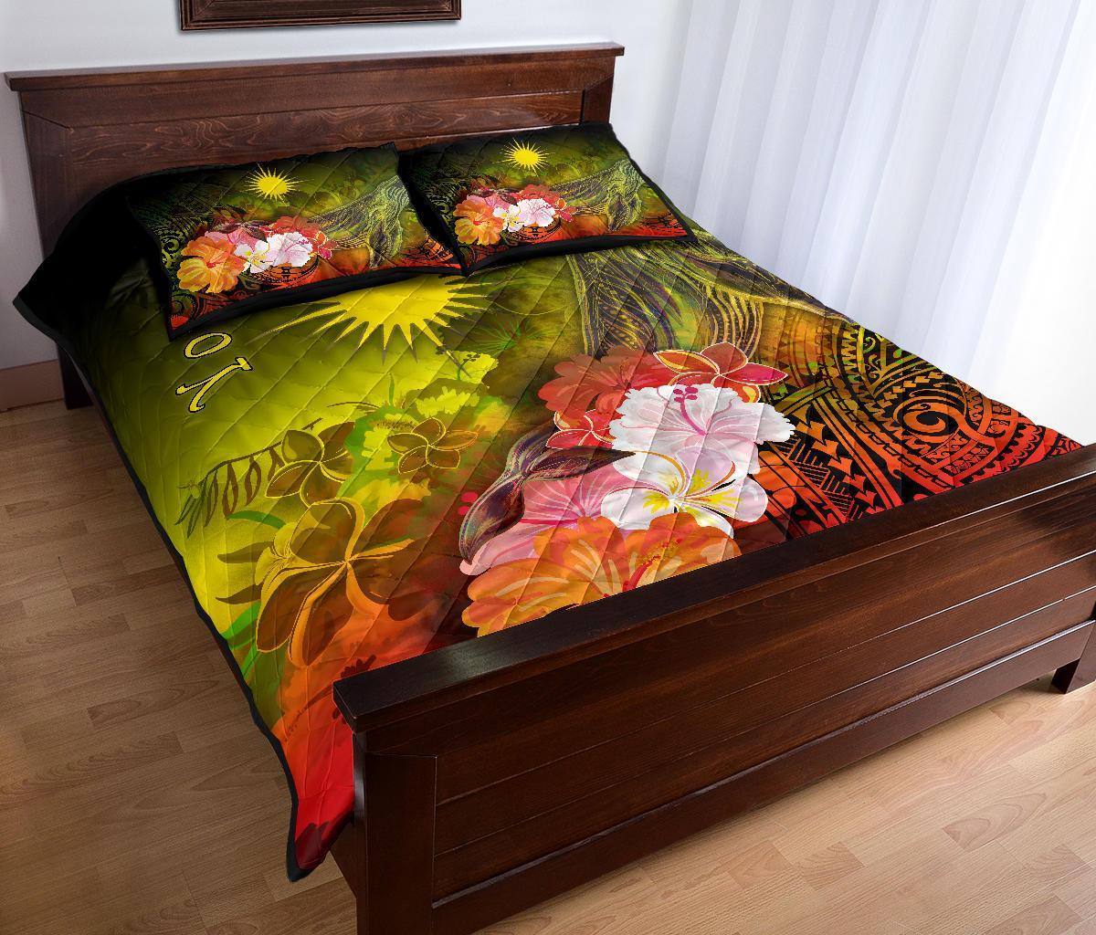 Marshall Islands Custom Personalised Quilt Bed Set - Humpback Whale with Tropical Flowers (Yellow) - Polynesian Pride