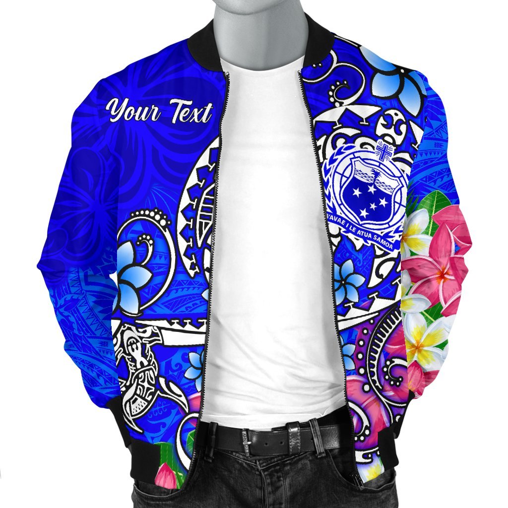Samoa Custom Personalised Men's Bomber Jacket - Turtle Plumeria (Blue) - Polynesian Pride