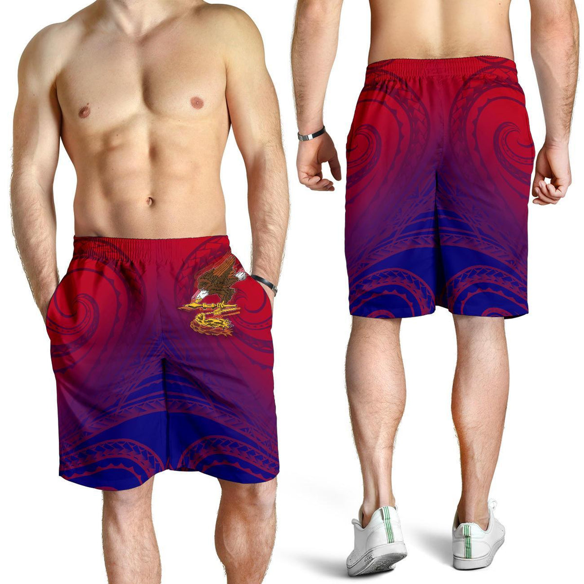 American Samoa Polynesian Men's Shorts - Bald Eagle (Blue - Red) - Polynesian Pride