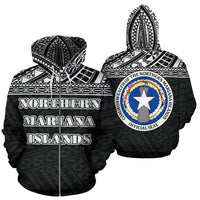 Northern Mariana Islands All Over Zip up Hoodie Polynesian Black Version Unisex White - Polynesian Pride