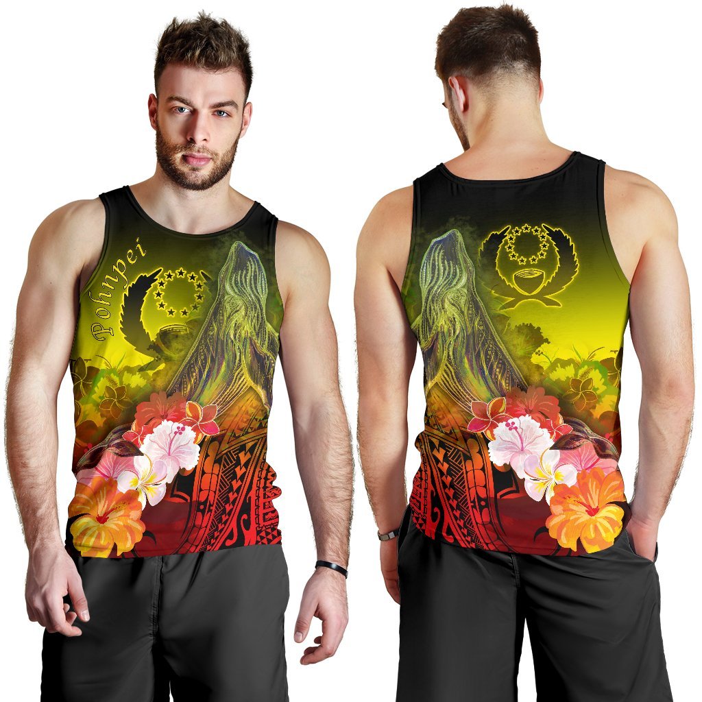Pohnpei Men's Tank Top - Humpback Whale with Tropical Flowers (Yellow) Yellow - Polynesian Pride