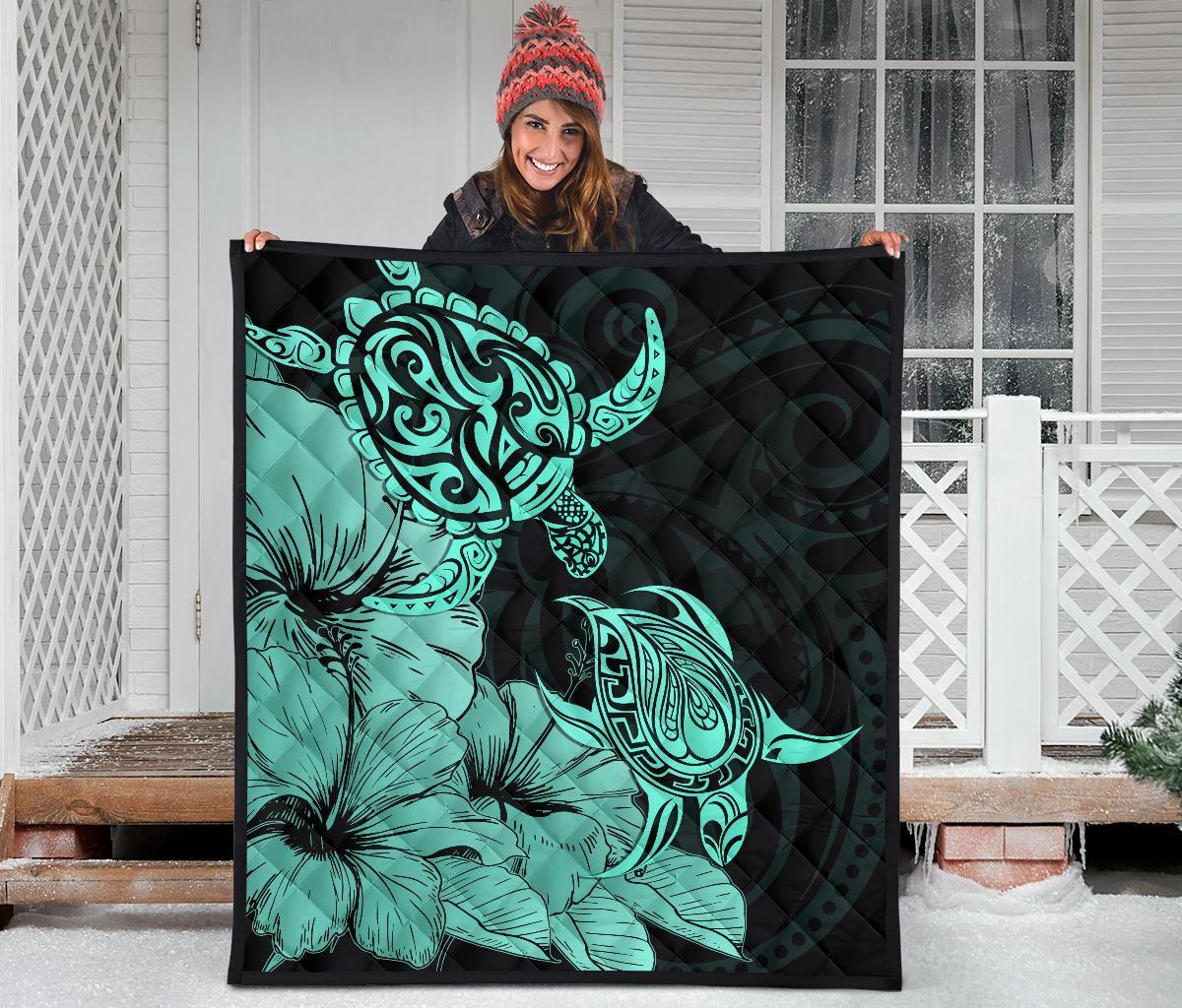 Hawaii Turtle Premium Quilt Polynesian Hibiscus Art Turquoise AH - Polynesian Pride