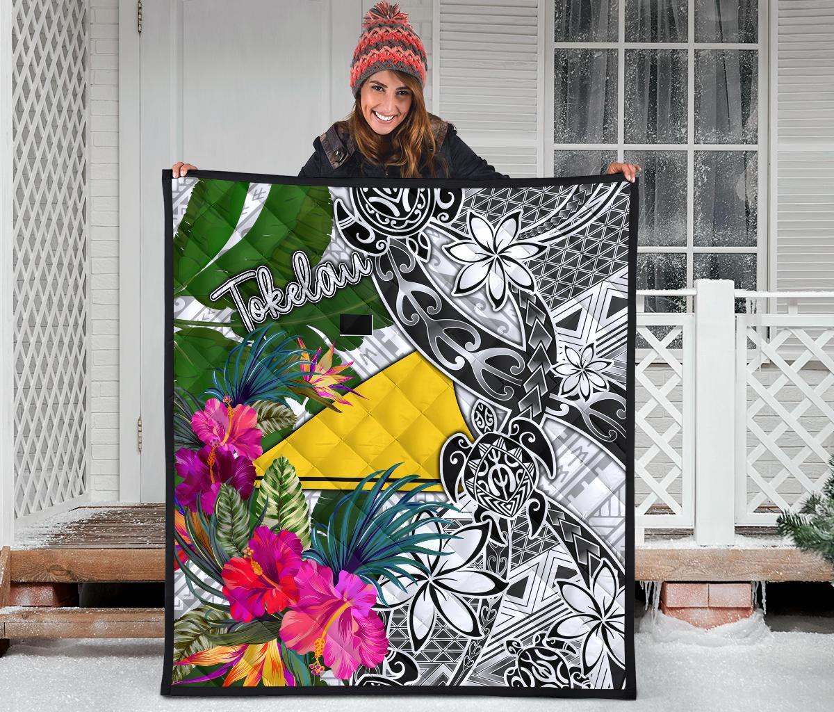 Tokelau Premium Quilt White - Turtle Plumeria Banana Leaf - Polynesian Pride