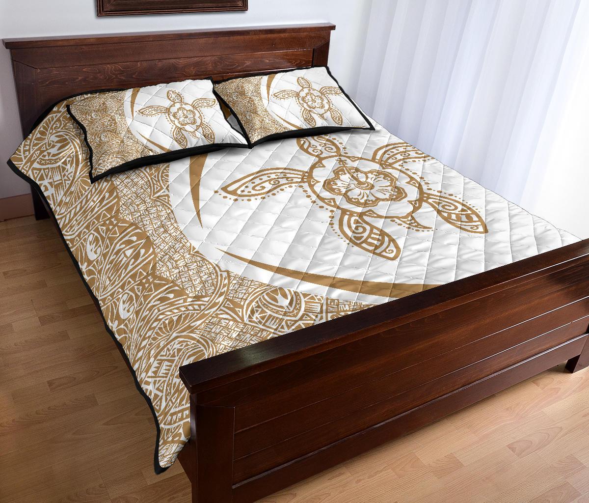 Hawaiian Polynesian Turtle Quilt Bed Set - Circle Style Gold And White - Polynesian Pride