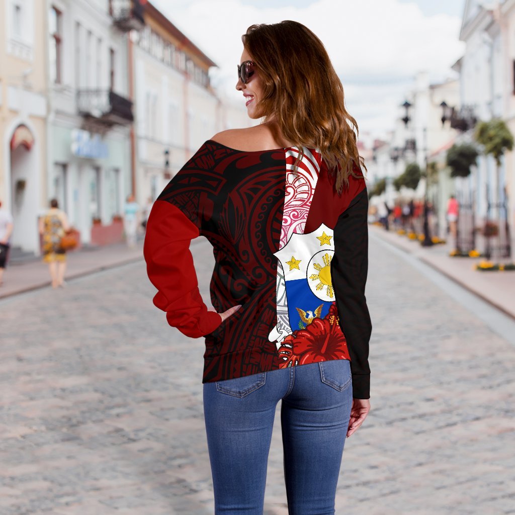 Philippines Polynesian Women's Off Shoulder Sweater - Coat Of Arm With Hibiscus - Polynesian Pride