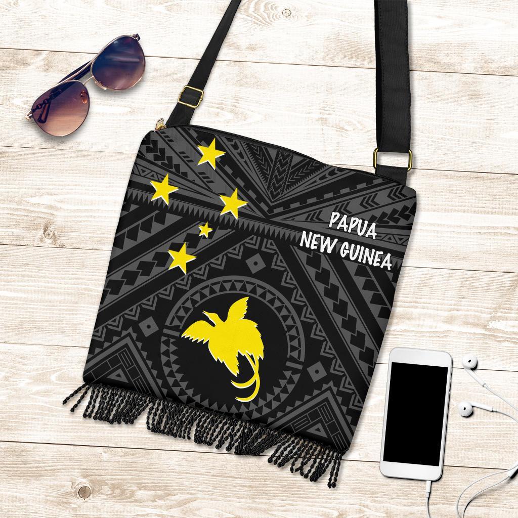 Papua New Guinea Crossbody Boho Handbag - Flag With Polynesian Patterns (Black) - Polynesian Pride