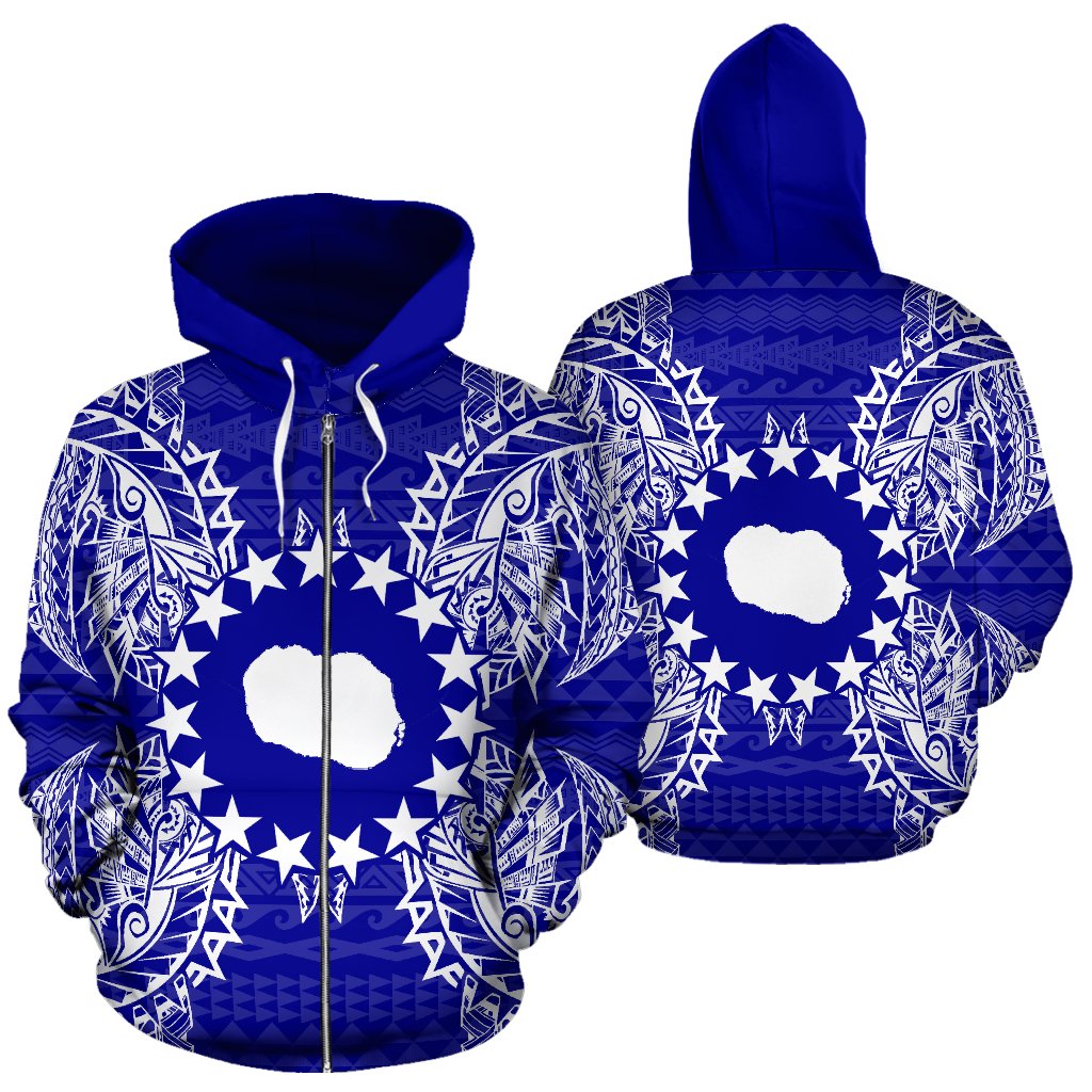 Cook Islands Polynesian All Over Zip up Hoodie Map Blue Unisex Blue - Polynesian Pride