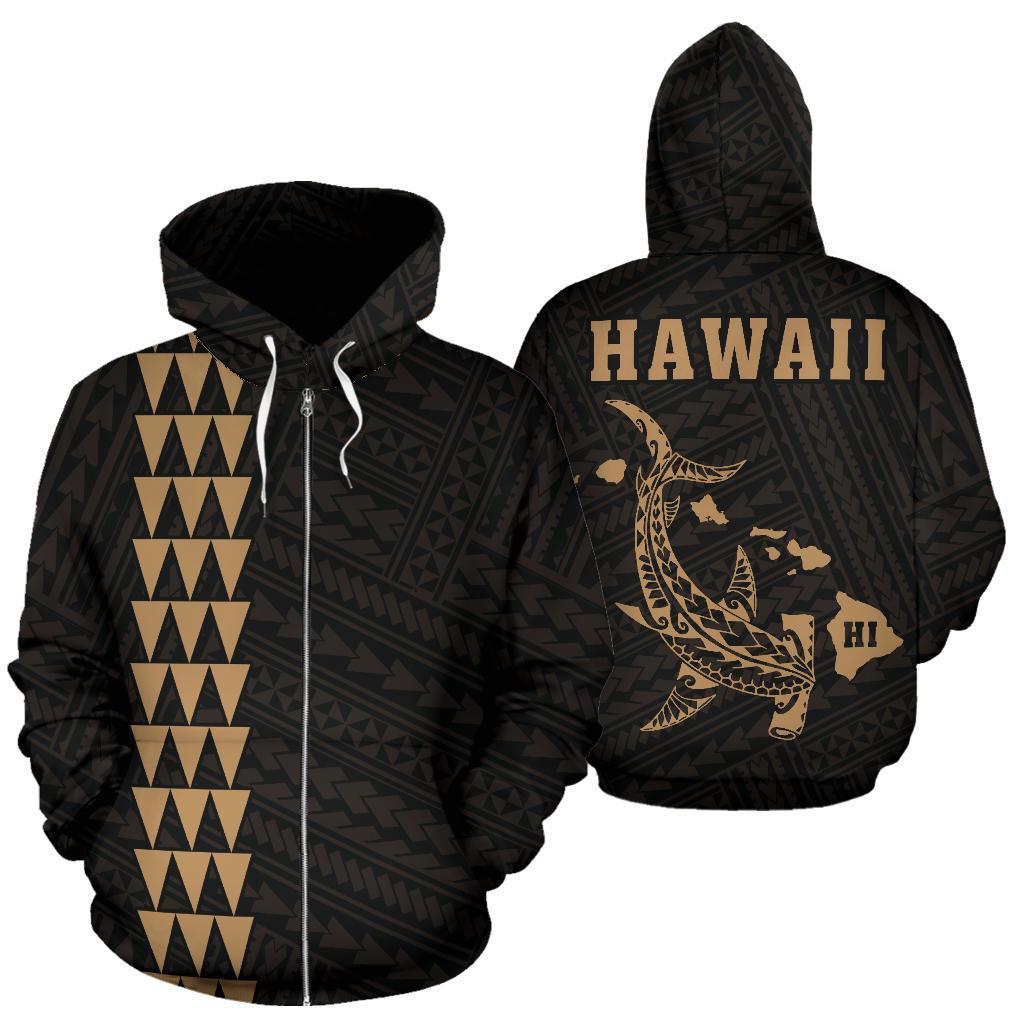 Polynesian Kakau Hammerhead Shark Map of Hawaii Zip Hoodie Gold Unisex Gold - Polynesian Pride