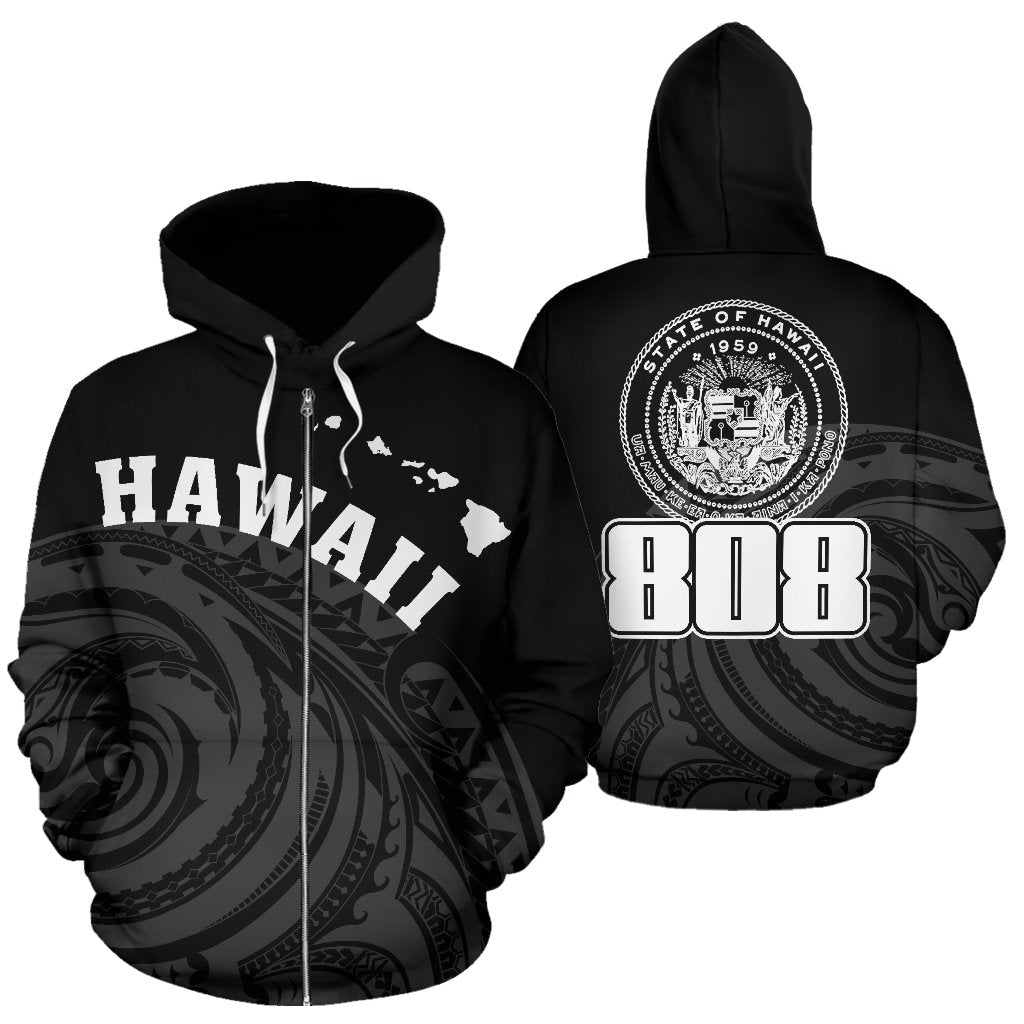 Hawaii Polynesia Zip up Hoodie Tatau Style Unisex Black - Polynesian Pride