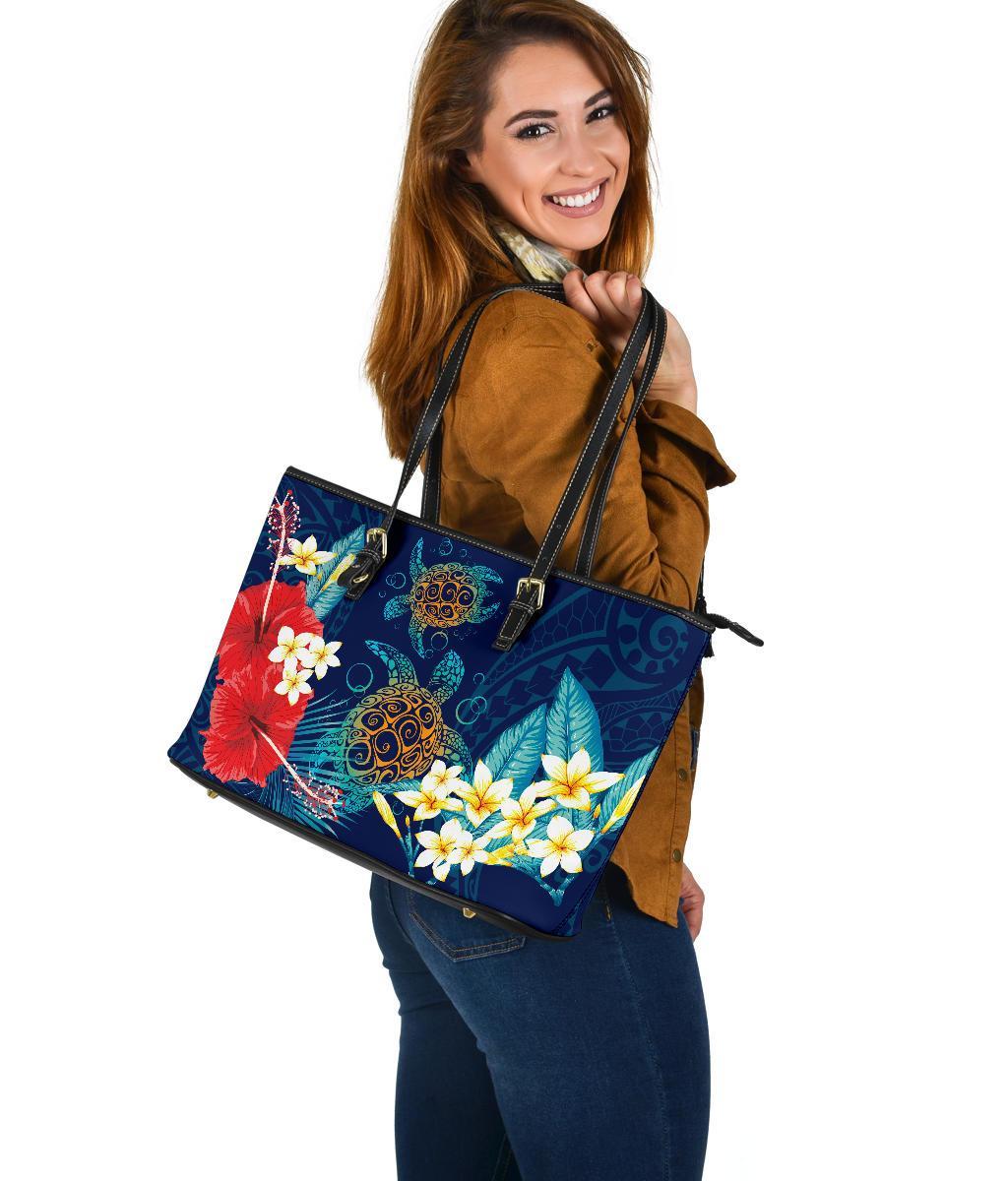 Hawaii Turtle Hibiscus Polynesian Large Tote Bag - Blue - Edna Style - AH - Polynesian Pride