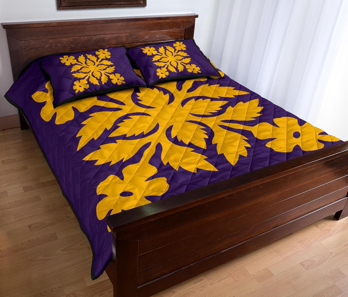 Hawaiian Quilt Bed Set Royal Pattern - Purple And Gold - B2 Style - Polynesian Pride