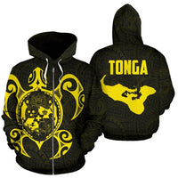 Tonga Polynesian Zip up Hoodie Tonga Coat of Arms In Turtle Map Yellow Unisex Yellow - Polynesian Pride