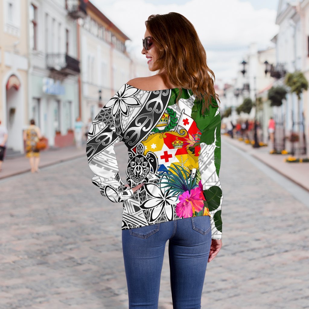 Tonga Women's Off Shoulder Sweater White - Turtle Plumeria Banana Leaf - Polynesian Pride