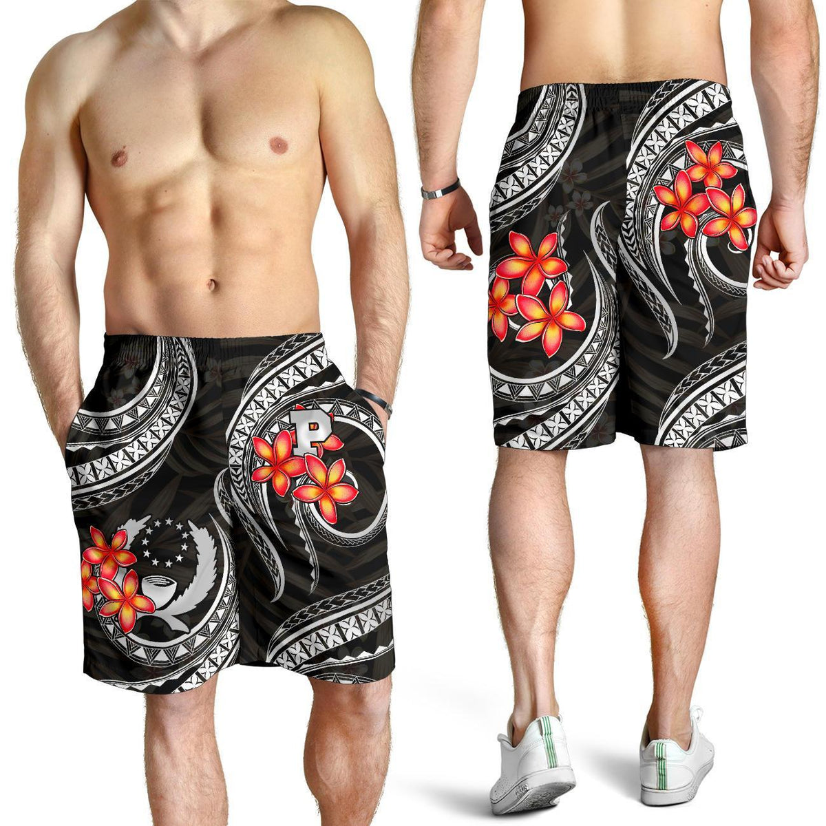 Pohnpei Micronesian Men Shorts - Black Plumeria - Polynesian Pride