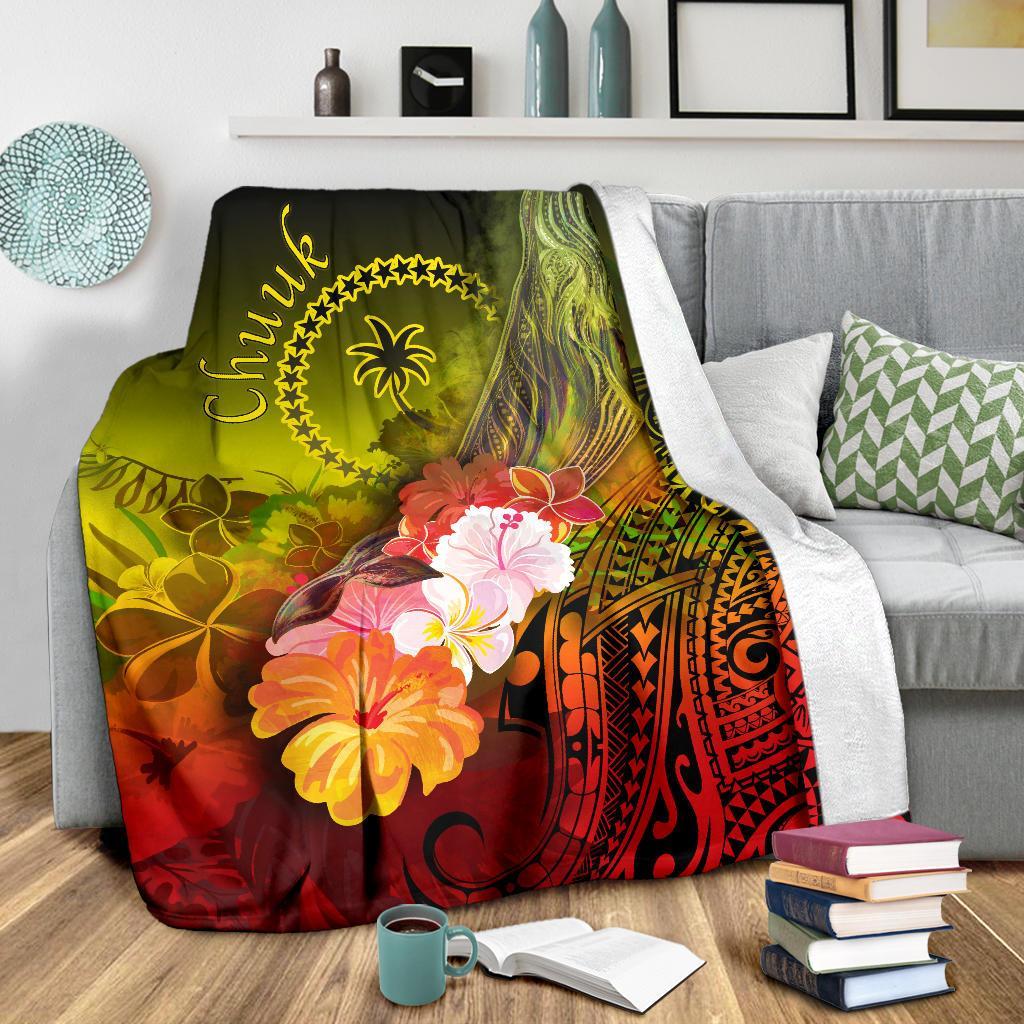 Chuuk Premium Blanket - Humpback Whale with Tropical Flowers (Yellow) - Polynesian Pride