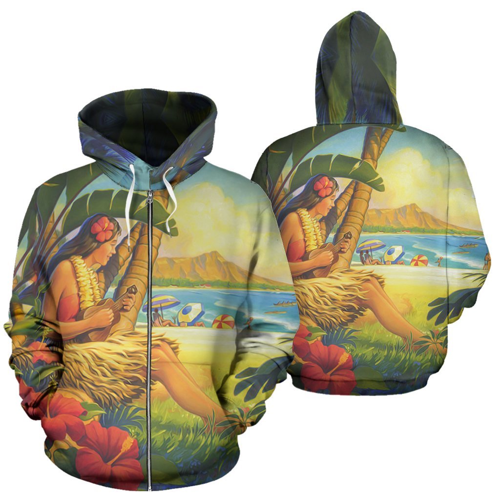 Hawaii Zip up Hoodie Hawaii Hula Girl With Ukelele Unisex Green - Polynesian Pride