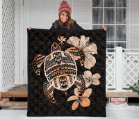 Hawaiian Kanaka Hibiscus Plumeria Mix Polynesian Turtle Premium Quilt Orange AH - Polynesian Pride