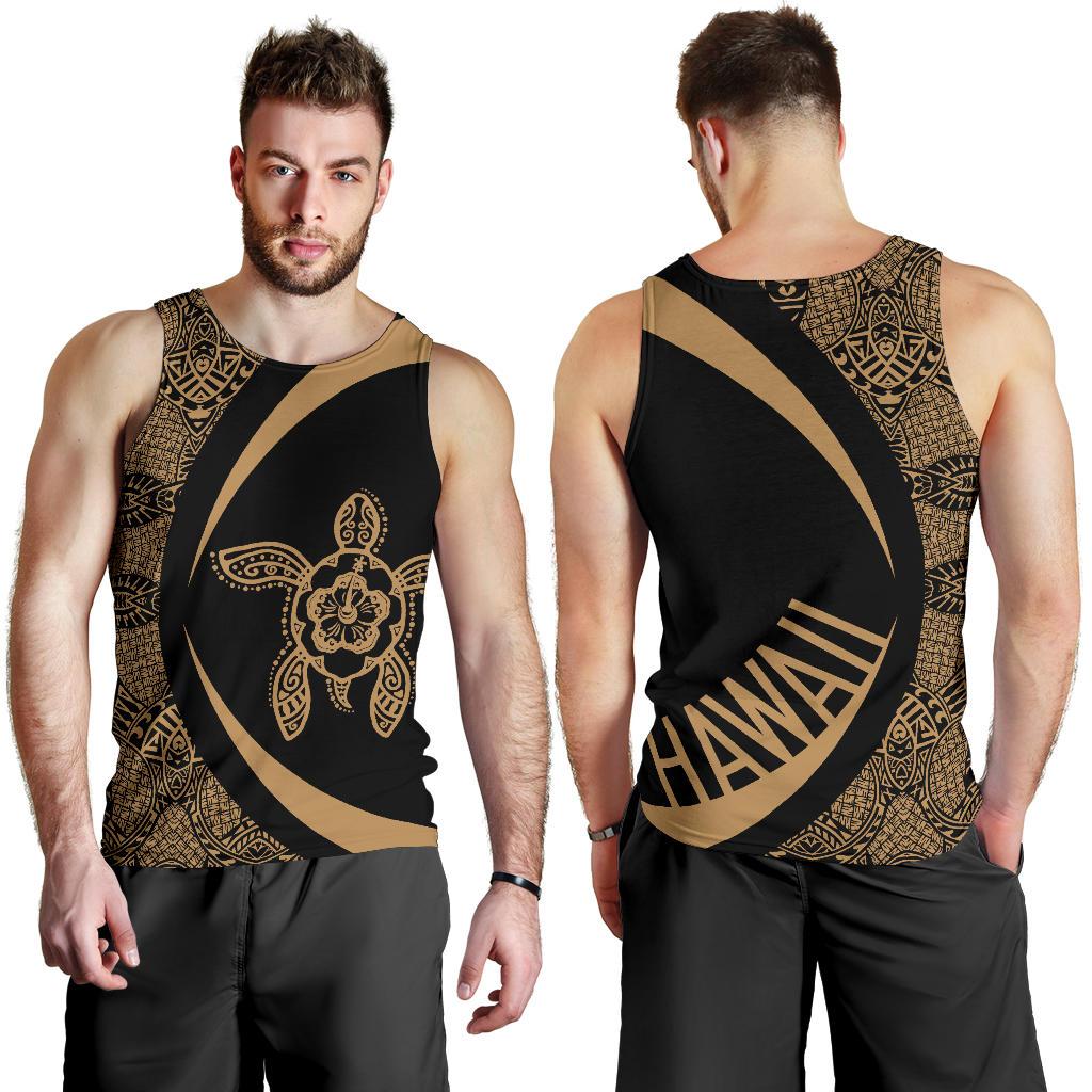 Hawaii Turtle Polynesian Men's Tank Top - Circle Style - Gold AH White - Polynesian Pride