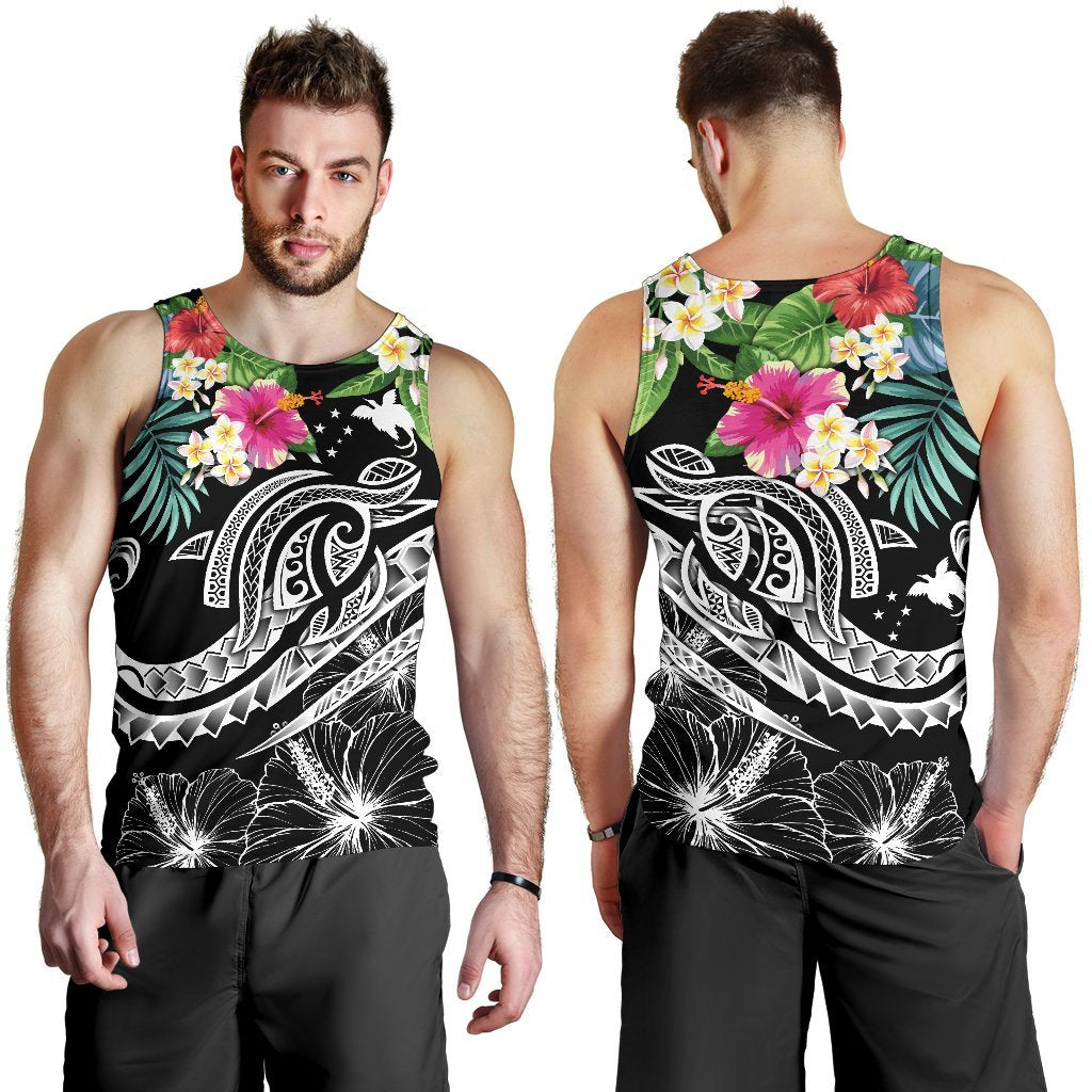 Papua New Guinea Polynesian Men's Tank Top - Summer Plumeria (Black) - Polynesian Pride