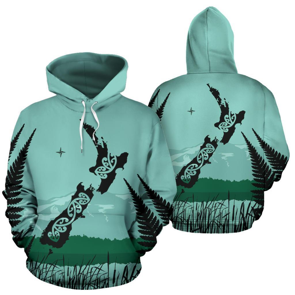 New Zealand Maori Map With Silver Fern Hoodie - Polynesian Pride