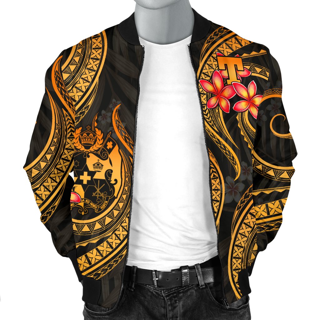 Tonga Polynesian Men Bomber Jacket - Gold Plumeria - Polynesian Pride
