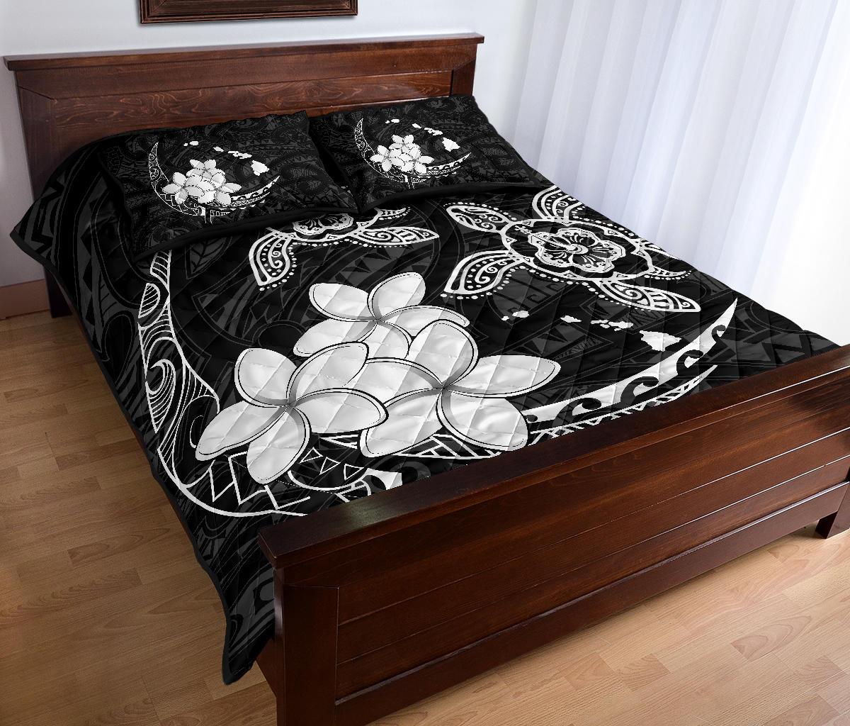 Hawaii Polynesian Turtle Plumeria Quilt Bed Set - Pog Style White - Polynesian Pride