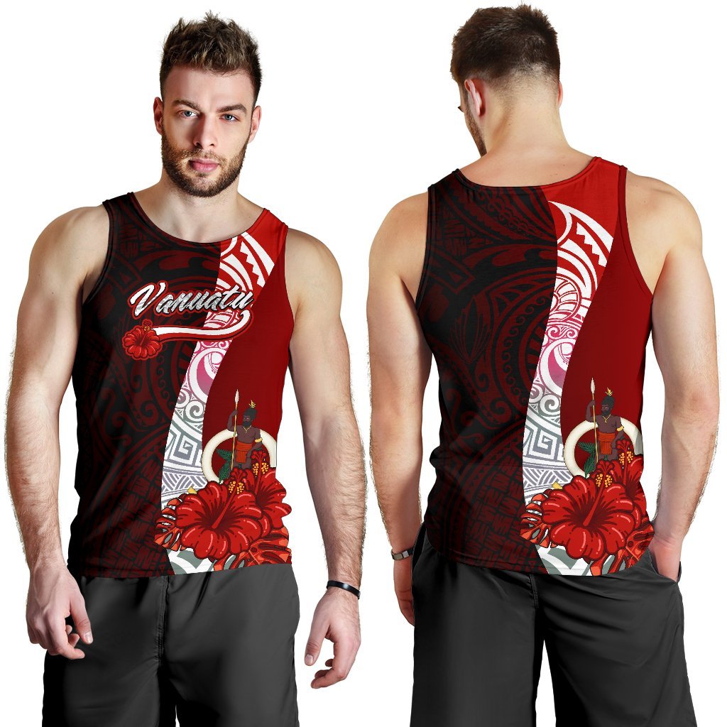 Vanuatu Polynesian Men's Tank Top - Coat Of Arm With Hibiscus Red - Polynesian Pride