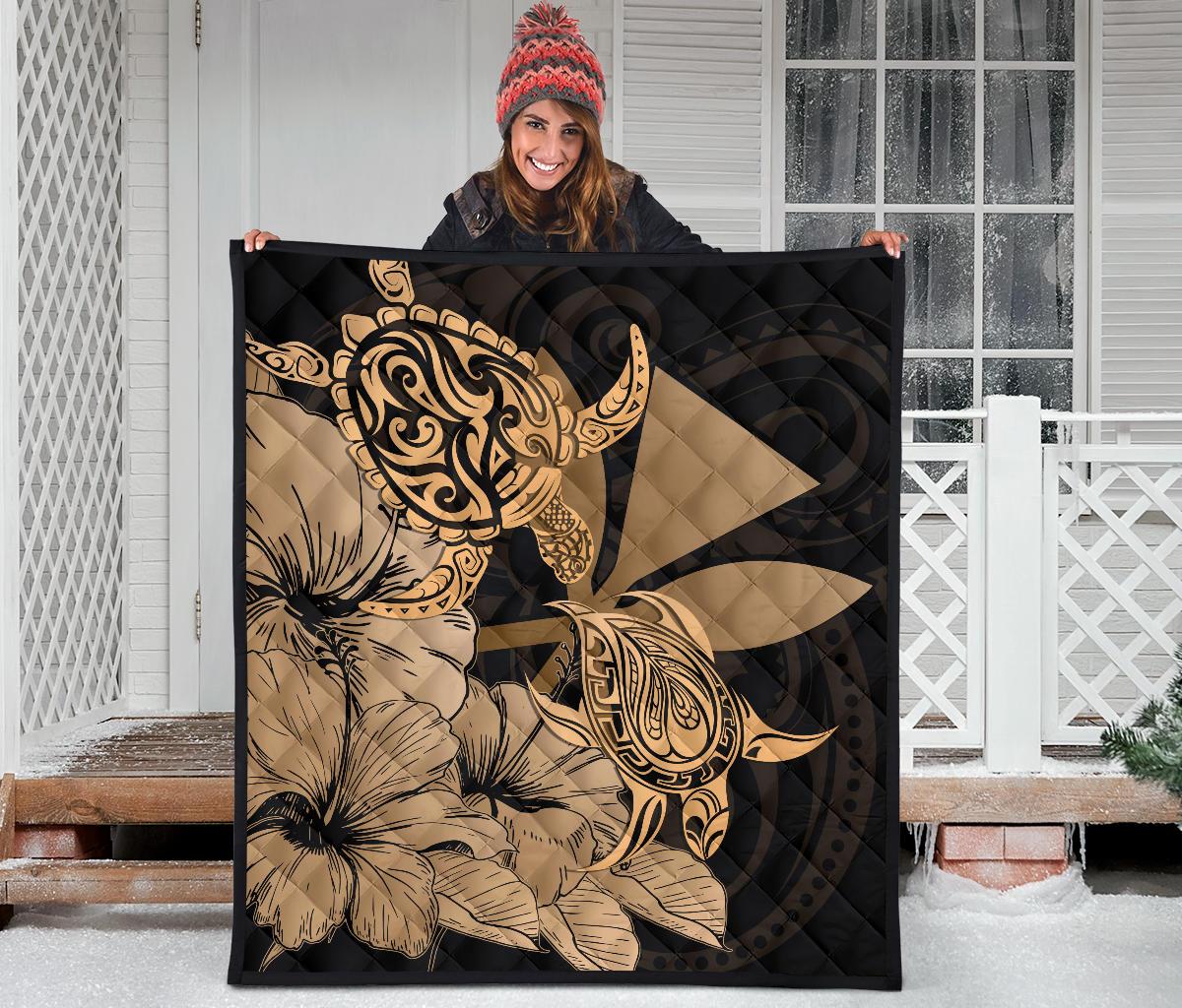 Hawaii Turtle Premium Quilt Polynesian Hibiscus Art Ver 2.0 Gold AH - Polynesian Pride
