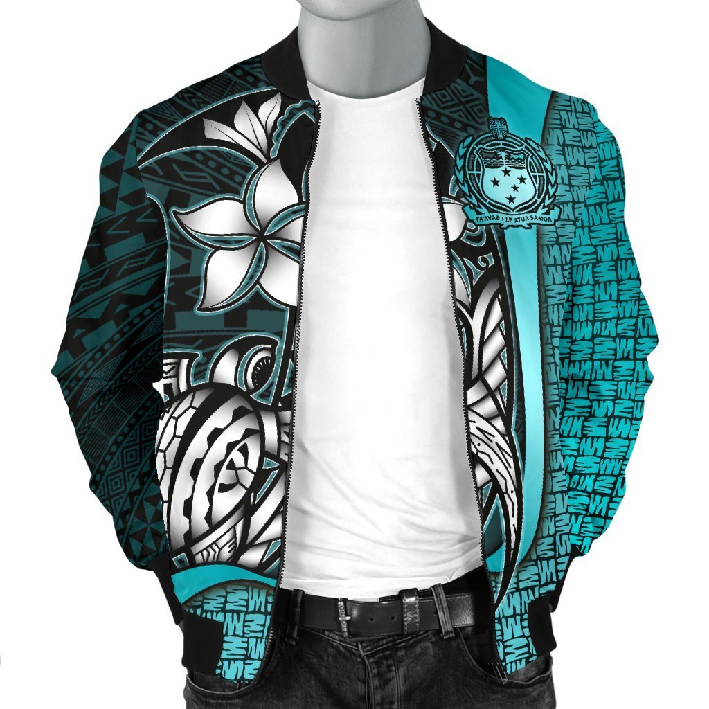 Samoa Polynesian Men's Bomber Jackets Turquoise - Turtle With Hook - Polynesian Pride