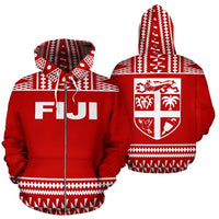 Fiji Tapa All Over Zip up Hoodie Red and White Version Unisex Red And White - Polynesian Pride
