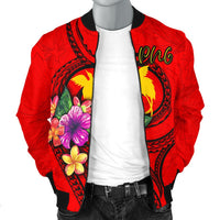 Papua New Guinea Polynesian Men's Bomber Jacket - Floral With Seal Red - Polynesian Pride