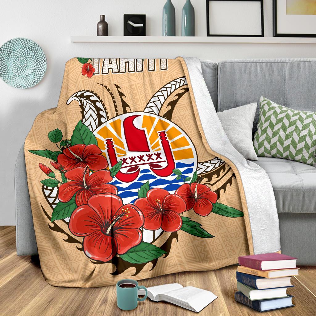 Tahiti Polynesian Premium Blanket - Hibiscus Coat of Arm Beige - Polynesian Pride