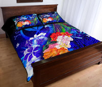 Polynesian Hawaii Custom Personalised Premium Quilt Bed Set - Kanaka Maoli Humpback Whale with Tropical Flowers (Blue) - Polynesian Pride