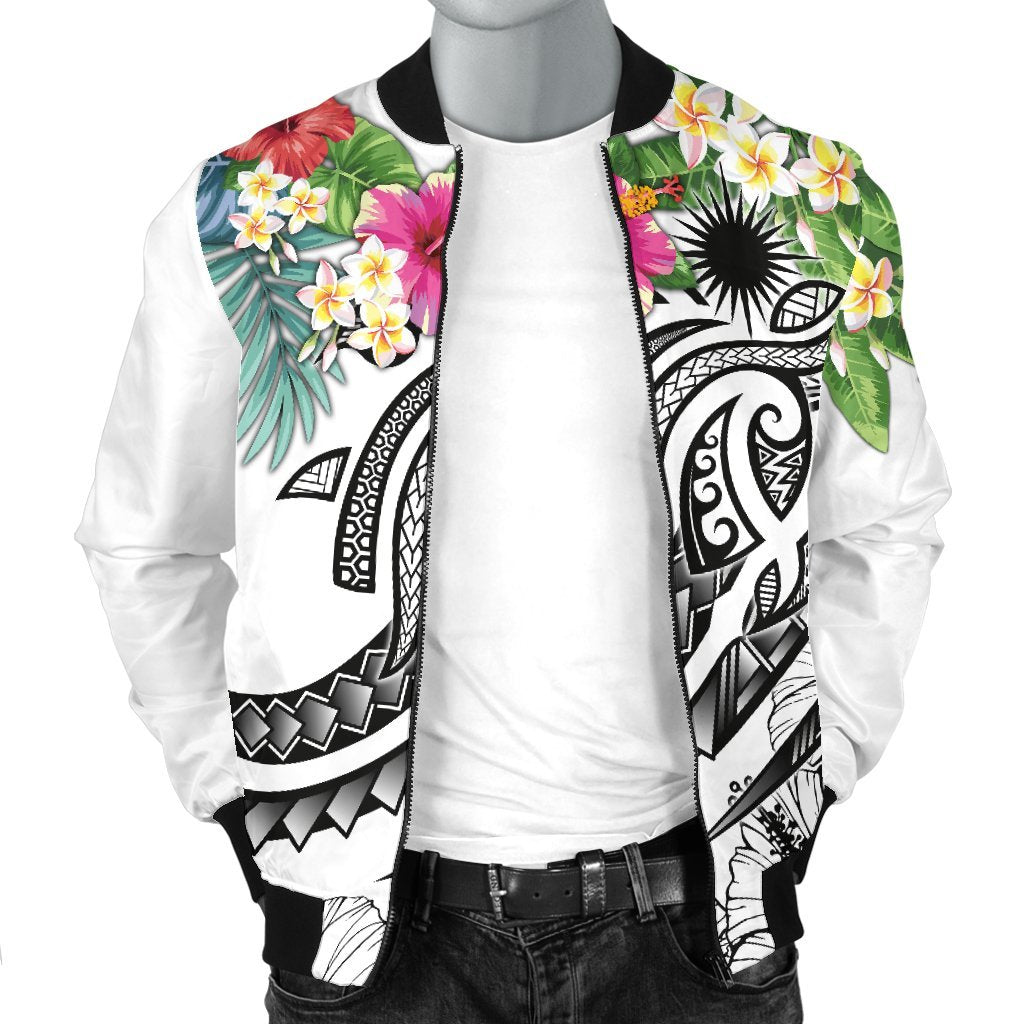 Marshall Islands Polynesian Men's Bomber Jacket - Summer Plumeria (White) - Polynesian Pride