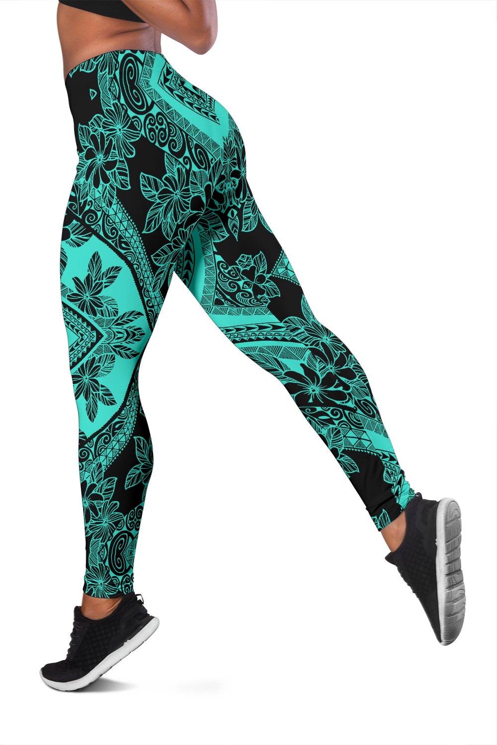 Polynesian Plumeria Mix Turquoise Black Hawaii Women's Leggings AH - Polynesian Pride