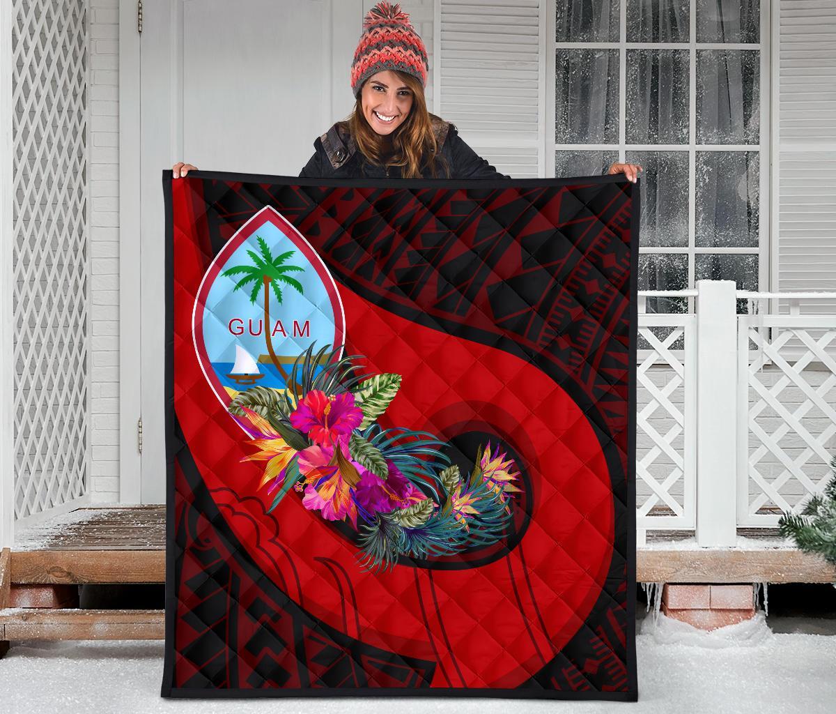 Guam Premium Quilt - Polynesian Hook And Hibiscus (Red) - Polynesian Pride