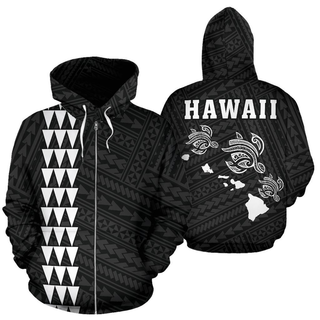 Polynesian Kakau Three Turtle Map of Hawaii Zip Hoodie White Unisex White - Polynesian Pride