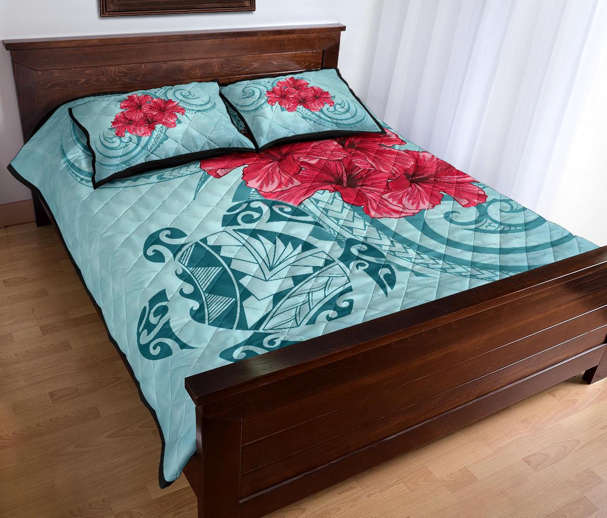 Hawaii Polynesian Turtle Hibiscus Blue Quilt Bed Set - Bless Style - Polynesian Pride